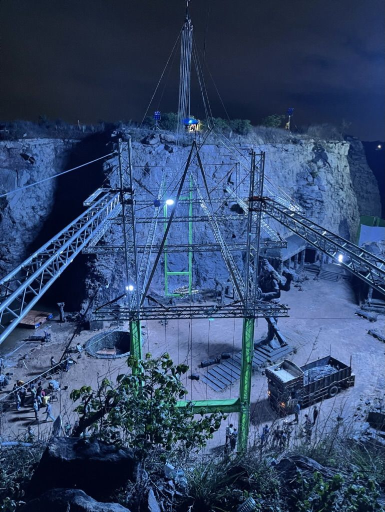 Behind the scenes: The steel rig over the quarry set at night