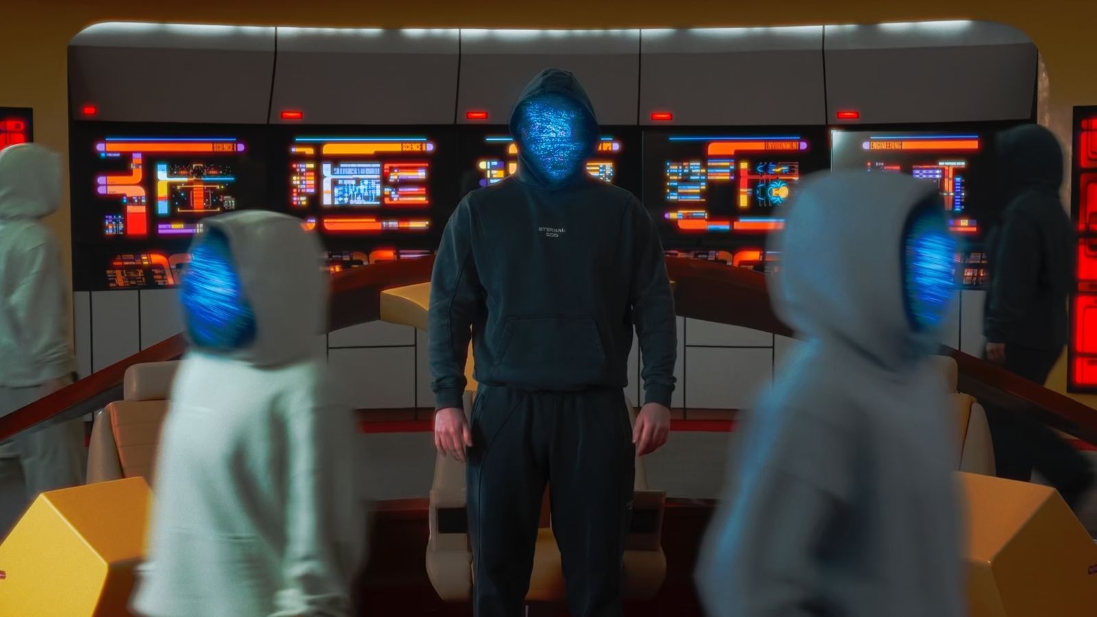 A figure with a glowing digital face stands on a spaceship bridge