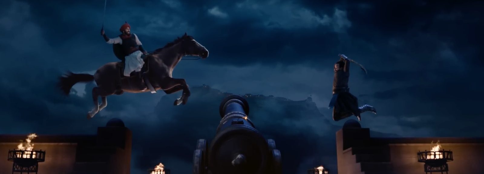 A warrior on a leaping horse flies over a cannon