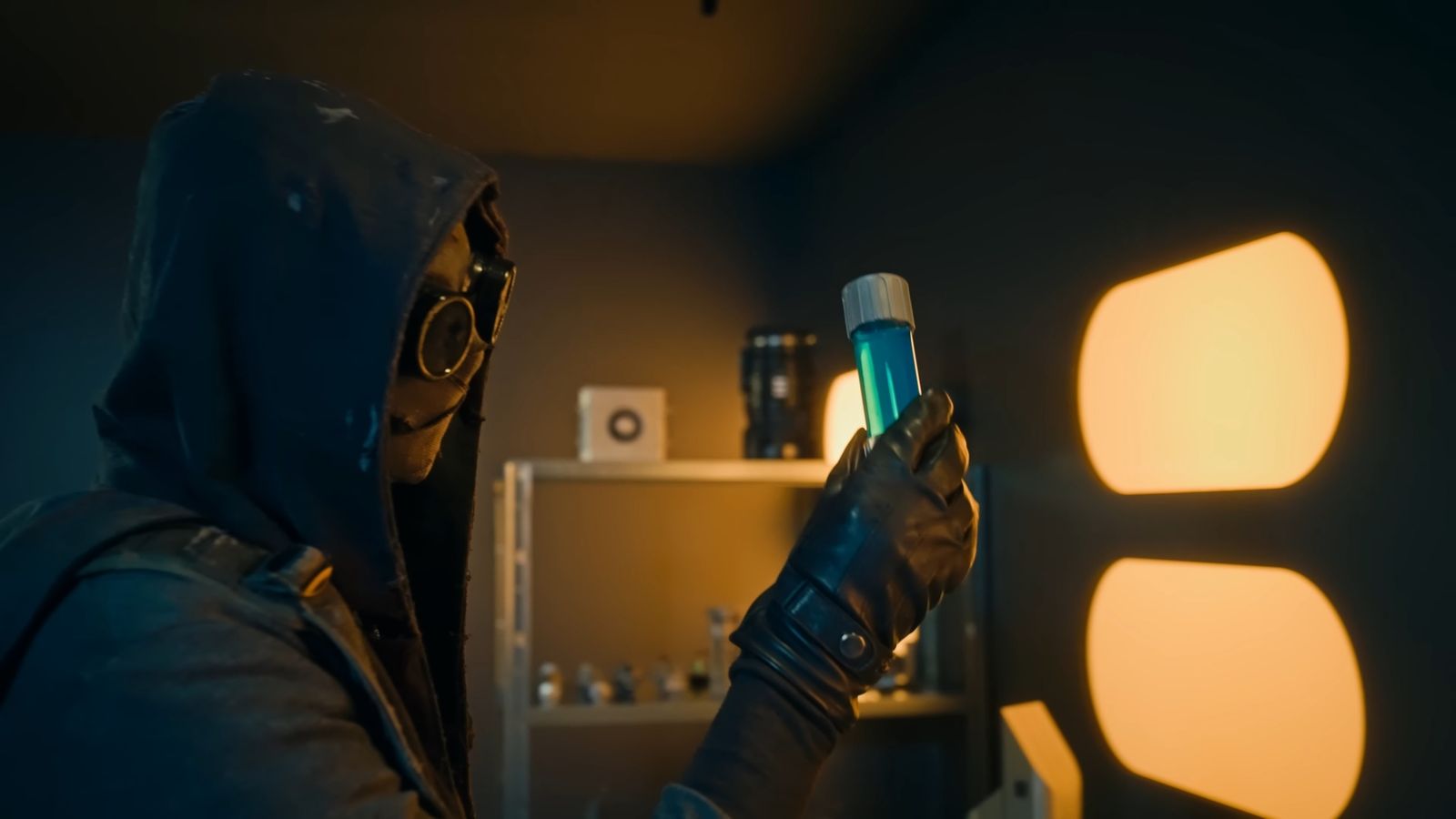 A masked figure holds up a glowing vial